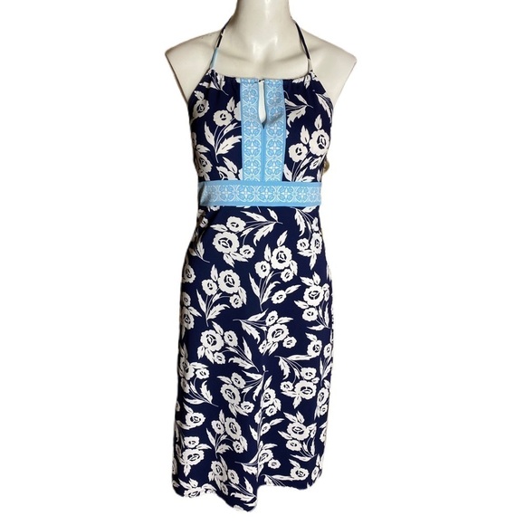 Ann Taylor Loft Dress Navy White Floral Halter Size 0 - Picture 1 of 6